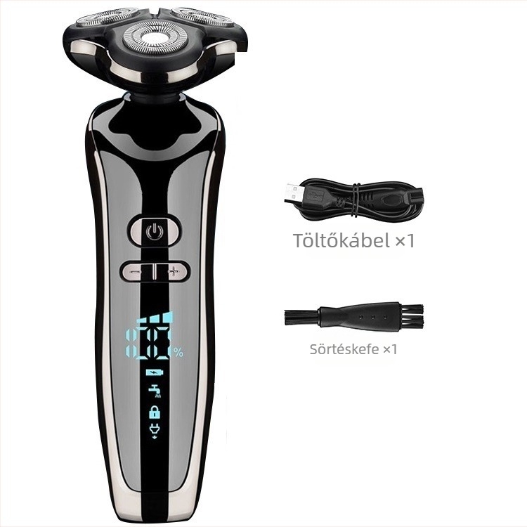 VOAUN elektromos borotva forgó háromfejes fejjel, teljes testre vízálló, LED kijelző, 60+ perc üzemidő, max. 5W teljesítmény