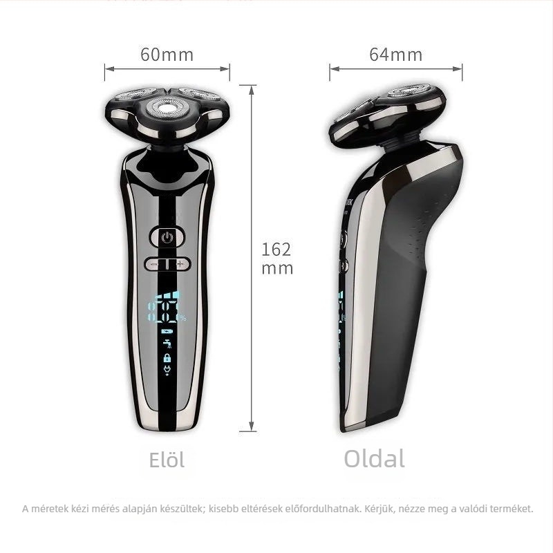 VOAUN elektromos borotva forgó háromfejes fejjel, teljes testre vízálló, LED kijelző, 60+ perc üzemidő, max. 5W teljesítmény