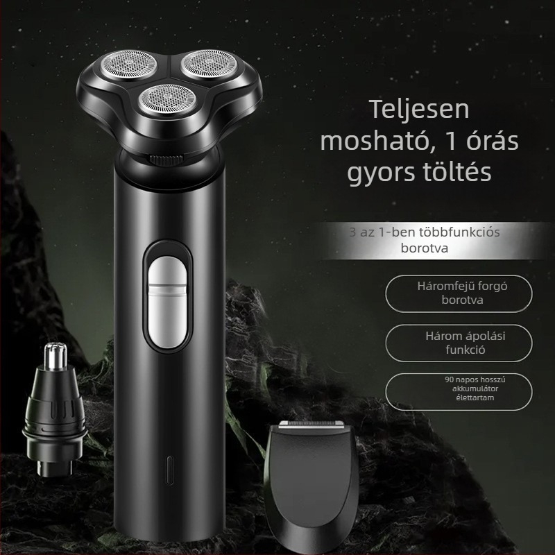 Elektronikus borotva forgó háromfejes rendszerrel, USB töltés, teljes testre vízálló, brushless motor, üzemidő több mint 60 perc