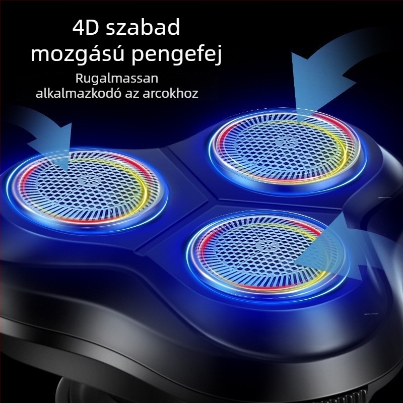 Elektronikus borotva forgó háromfejes rendszerrel, USB töltés, teljes testre vízálló, brushless motor, üzemidő több mint 60 perc
