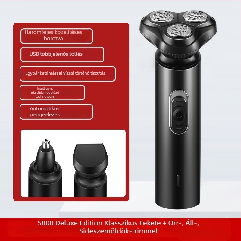 Elektronikus borotva forgó háromfejes rendszerrel, USB töltés, teljes testre vízálló, brushless motor, üzemidő több mint 60 perc