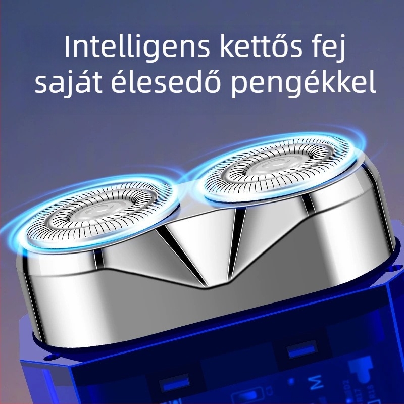 Elektronikus borotva nedves és száraz használatra, lebegő vágófej, forgó 2‑pengéjű fej, beépített újratölthető akkumulátor (45–60 perc üzemidő), LED kijelző