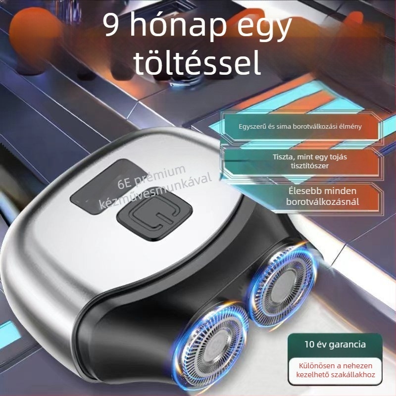 Újratölthető elektromos borotva úszó fejjel, forgó 2 pengés fej, levehető és mosható vágófej, újratölthető, brushless motor