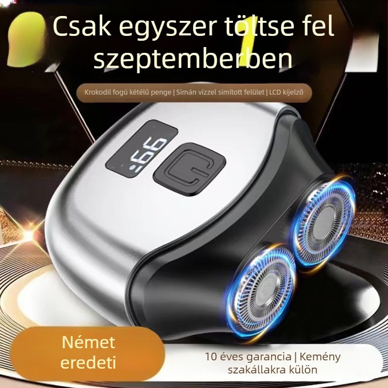 Újratölthető elektromos borotva úszó fejjel, forgó 2 pengés fej, levehető és mosható vágófej, újratölthető, brushless motor