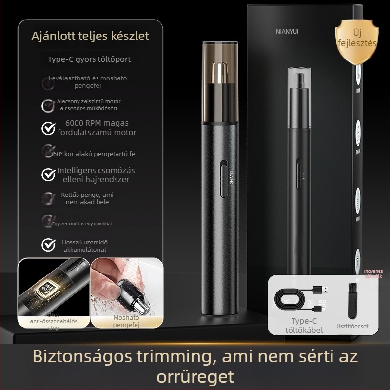 Orrszőrnyíró, mini ápoló eszköz, mosható vágófej, beépített akkumulátor, töltésre kész üzemidő >50 nap