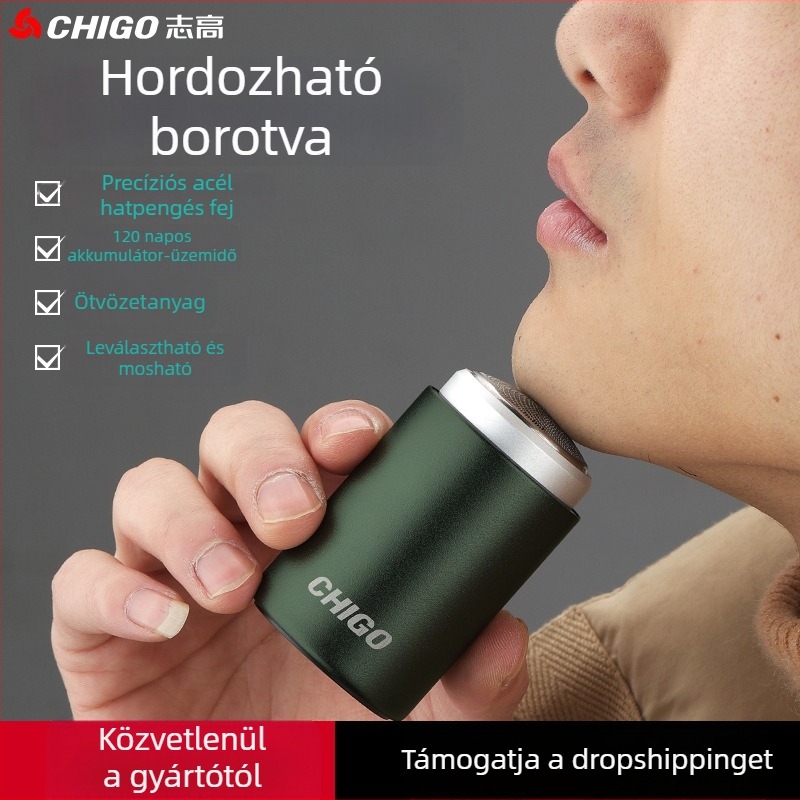 Elektromos borotva 1 forgó fejjel, mosható levehető fej, beépített akkumulátor 300–500 mAh, újratölthető, nedves és száraz használat