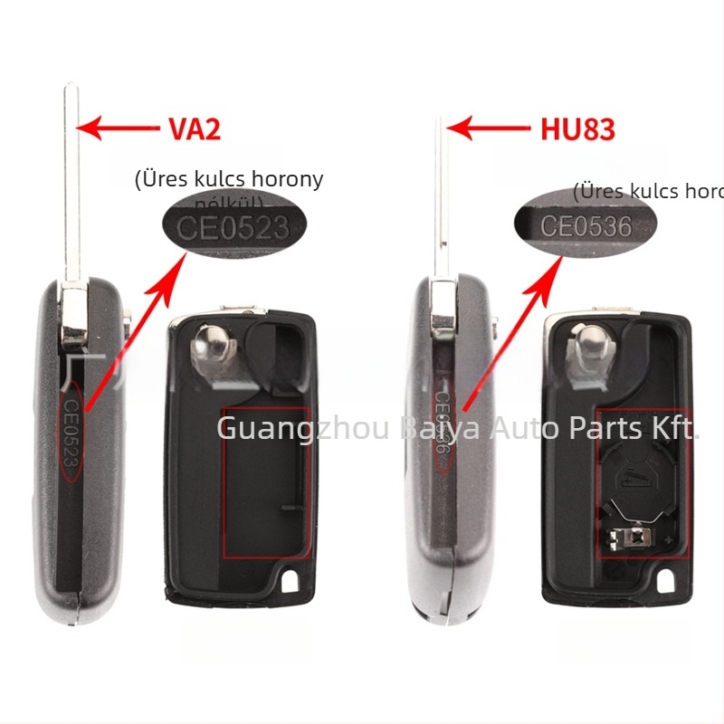 Peugeot Citroën hajtogatható kulcsház, kompatibilis 2-gomb/3-gomb, távirányító nélkül, penge: réz+műanyag, tokozás: műanyag, súly 42 g