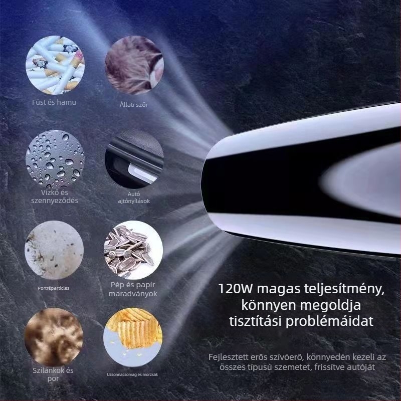 Hordozható, vezeték nélküli autópor- és beltéri tisztító - 12V, 120W, 5500Pa, újratölthető, autó és otthon