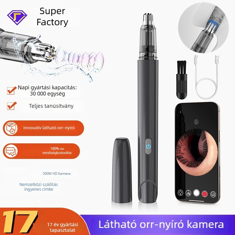 Kamerás orrszőr-trimmelő, újratölthető, beépített 300–500 mAh akkumulátor, levehető és mosható pengefej