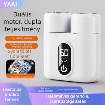 Kétfejes forgó elektromos borotva LED-kijelzővel, lebegő fej, levehető és mosható fej, 60 perc feletti üzemidő, beépített 800–1000 mAh akkumulátor