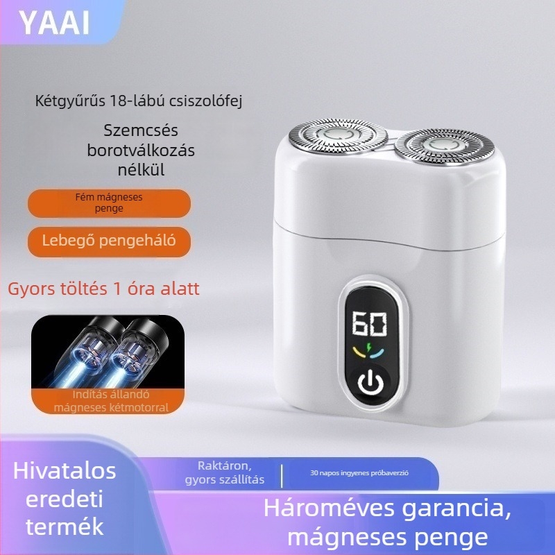 Kétfejes forgó elektromos borotva LED-kijelzővel, lebegő fej, levehető és mosható fej, 60 perc feletti üzemidő, beépített 800–1000 mAh akkumulátor