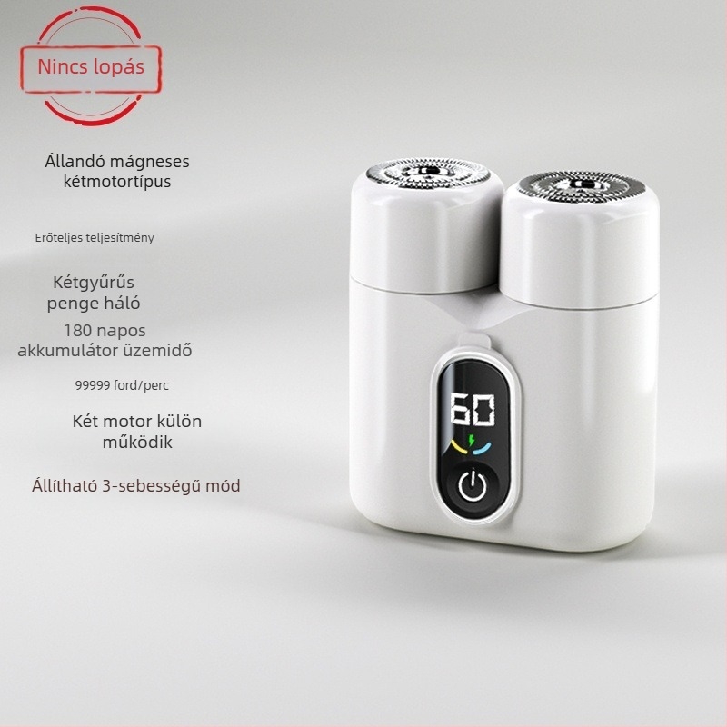 Kétfejes forgó elektromos borotva LED-kijelzővel, lebegő fej, levehető és mosható fej, 60 perc feletti üzemidő, beépített 800–1000 mAh akkumulátor
