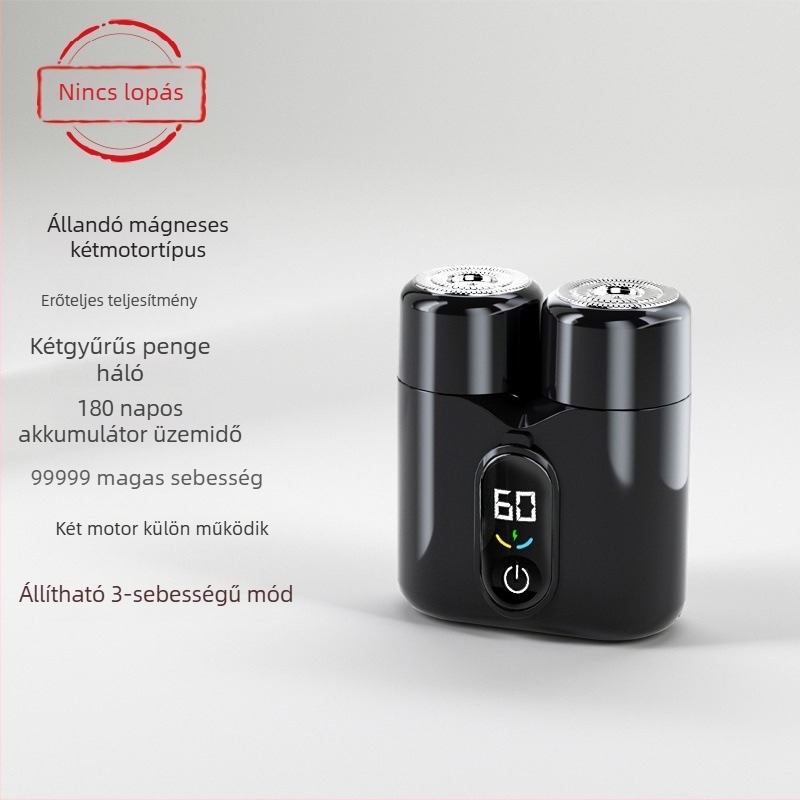 Kétfejes forgó elektromos borotva LED-kijelzővel, lebegő fej, levehető és mosható fej, 60 perc feletti üzemidő, beépített 800–1000 mAh akkumulátor
