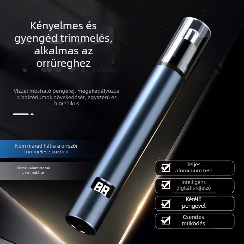 Elektronikus orrtrimmer ABS burkolattal, újratölthető, beépített akkumulátor, levehető és mosható vágófej, akkumulátor-élettartam több mint 7 nap