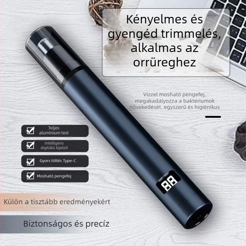 Elektronikus orrtrimmer ABS burkolattal, újratölthető, beépített akkumulátor, levehető és mosható vágófej, akkumulátor-élettartam több mint 7 nap