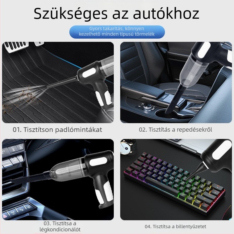 Autóban használható vezeték nélküli kézi porszívó, hordozható, 10000 Pa szívás, 7,4 V, 120 W, újratölthető