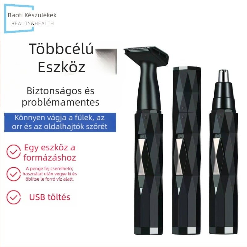 többfunkciós orrszőr vágó és szemöldök formázó készlet, USB töltésű, mosható vágófej, beépített akkumulátor, súly 110 g, üzemidő több mint 30 nap
