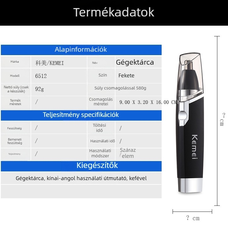 KM-6512 Orrszőr-trimmer, Száraz akkumulátoros működés, ABS ház, Levehető fej, Nem mosható