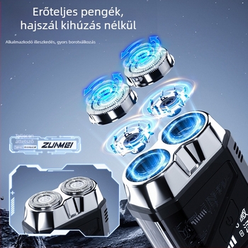 Elektronikus borotva, vízálló kétfejű rotációs, nedves és száraz használat, újratölthető beépített 300–500 mAh akkumulátorral, 60+ perc üzemidő, 1 órás töltés