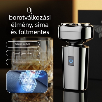 Elektronikus borotva, vízálló kétfejű rotációs, nedves és száraz használat, újratölthető beépített 300–500 mAh akkumulátorral, 60+ perc üzemidő, 1 órás töltés