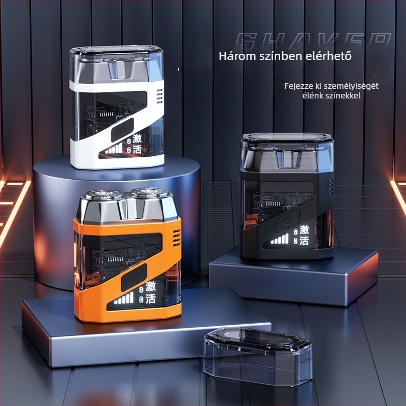 Elektronikus borotva, vízálló kétfejű rotációs, nedves és száraz használat, újratölthető beépített 300–500 mAh akkumulátorral, 60+ perc üzemidő, 1 órás töltés