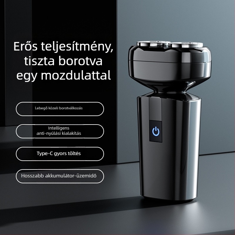 Elektronikus borotva, vízálló kétfejű rotációs, nedves és száraz használat, újratölthető beépített 300–500 mAh akkumulátorral, 60+ perc üzemidő, 1 órás töltés