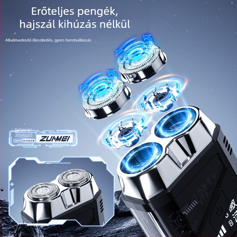 Elektronikus borotva, vízálló kétfejű rotációs, nedves és száraz használat, újratölthető beépített 300–500 mAh akkumulátorral, 60+ perc üzemidő, 1 órás töltés