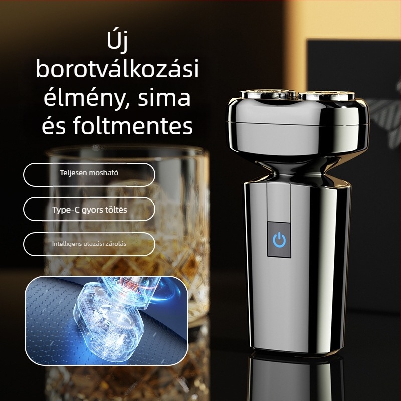 Elektronikus borotva, vízálló kétfejű rotációs, nedves és száraz használat, újratölthető beépített 300–500 mAh akkumulátorral, 60+ perc üzemidő, 1 órás töltés