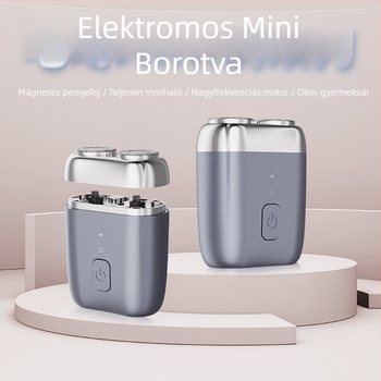 Mini elektromos borotva, teljes testben mosható, 2 forgó fej, nedves és száraz használat, 60 perc üzemidő, 1 órás töltés