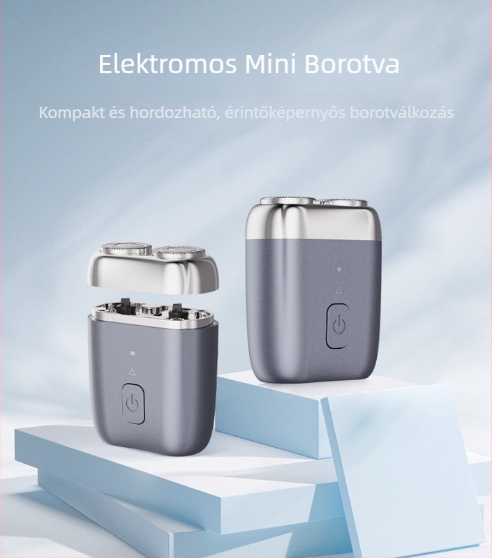 Mini elektromos borotva, teljes testben mosható, 2 forgó fej, nedves és száraz használat, 60 perc üzemidő, 1 órás töltés