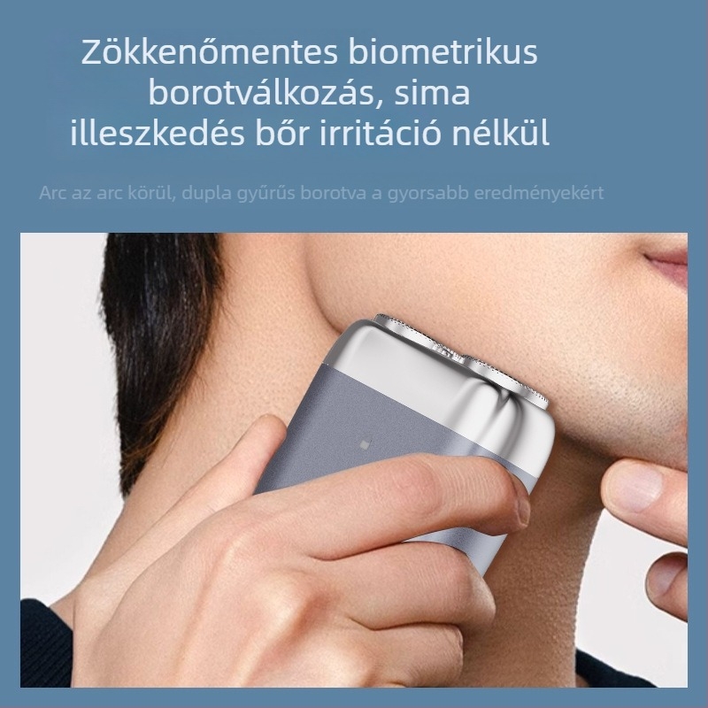Mini elektromos borotva, teljes testben mosható, 2 forgó fej, nedves és száraz használat, 60 perc üzemidő, 1 órás töltés