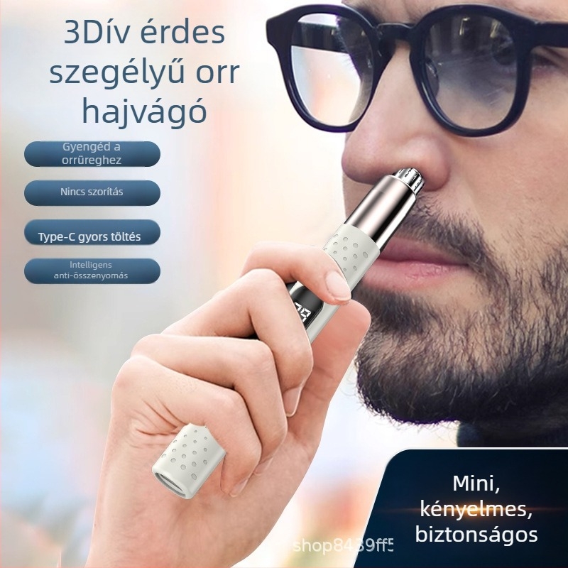Töltőre csatlakoztatható elektromos orrszőrnyíró férfiak és nők számára, leválasztható, mosható pengefejjel, beépített 500-800 mAh akkumulátor, üzemidő 30+ nap