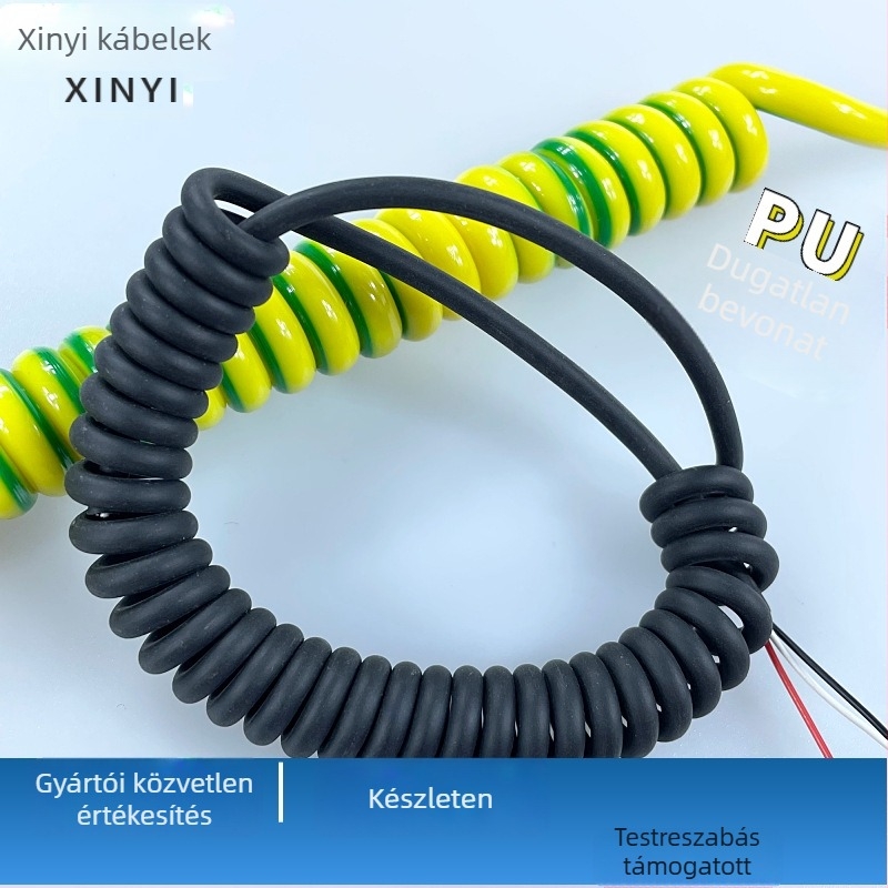 Táp kábel, 2/3/4-vezetékes, PU burkolat, TPU 0,15 mm² keresztmetszet, spirális kialakítás, magas hőmérséklet‑álló.