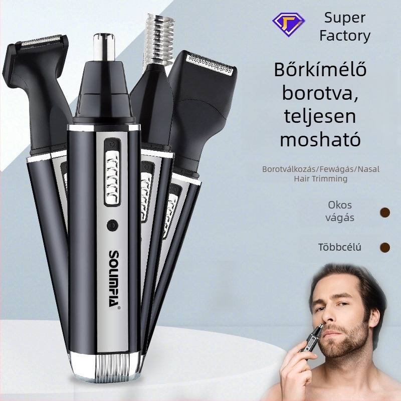 SOLIMPIA 4 az 1-ben elektromos grooming eszköz: orrszőrzet, szemöldök és test formázó — újratölthető, vízálló, mosható víz alatt, 500–800 mAh akkumulátor, üzemidő >7 nap