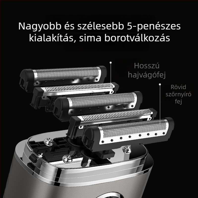 Langfu elektromos borotva 5 pengés recíprokus fejjel, LED kijelző, USB töltés, nedves vagy száraz használat, beépített 1200–2000 mAh akkumulátor