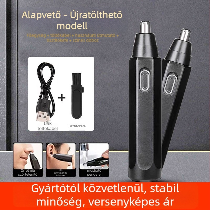 orrszálvágó, tölthető, beépített 300–500 mAh-s akkumulátor, üzemidő több mint 50 nap, nem mosható