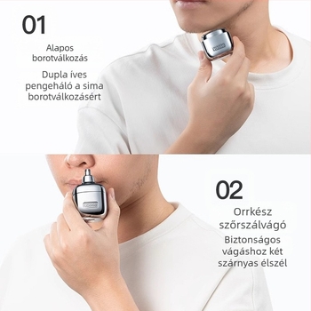 Hordozható USB-s töltéses elektromos borotva, forgó fej, 2 pengével, brushless motor, moszható pengék