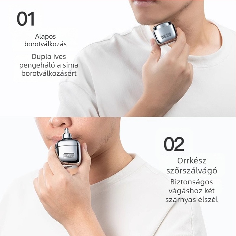 Hordozható USB-s töltéses elektromos borotva, forgó fej, 2 pengével, brushless motor, moszható pengék