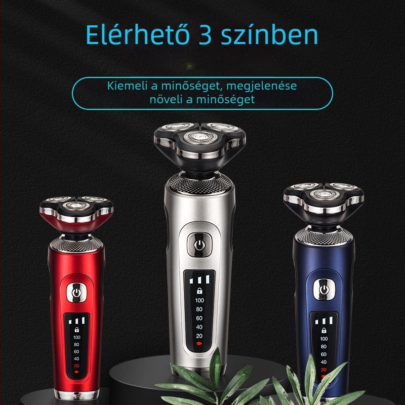Férfi elektromos borotva – forgó 3 pengés fej; nedves és száraz borotválkozás; beépített akkumulátor 500–800 mAh; töltési idő 1 óra; üzemidő kb. 80 perc.