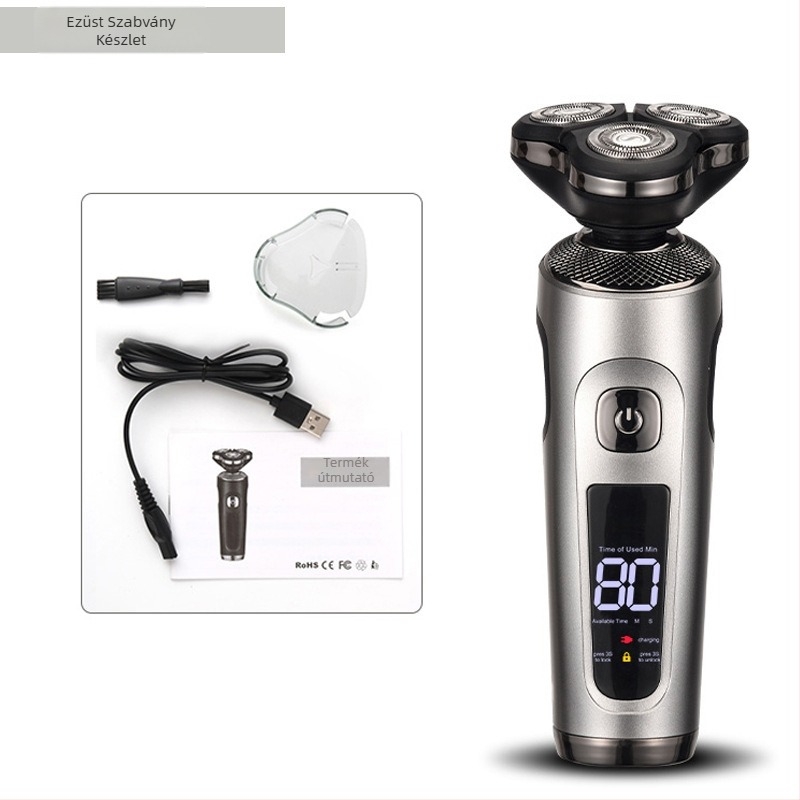 Férfi elektromos borotva – forgó 3 pengés fej; nedves és száraz borotválkozás; beépített akkumulátor 500–800 mAh; töltési idő 1 óra; üzemidő kb. 80 perc.