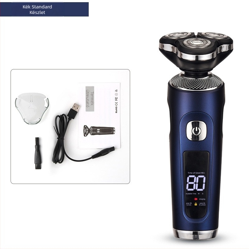 Férfi elektromos borotva – forgó 3 pengés fej; nedves és száraz borotválkozás; beépített akkumulátor 500–800 mAh; töltési idő 1 óra; üzemidő kb. 80 perc.