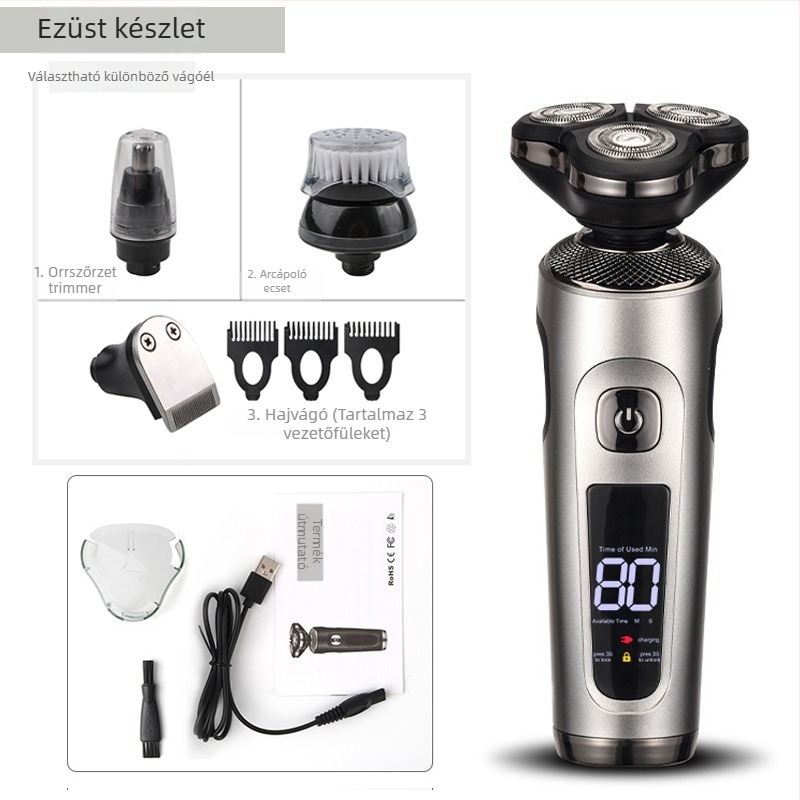 Férfi elektromos borotva – forgó 3 pengés fej; nedves és száraz borotválkozás; beépített akkumulátor 500–800 mAh; töltési idő 1 óra; üzemidő kb. 80 perc.