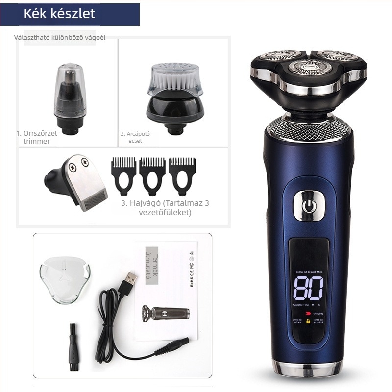 Férfi elektromos borotva – forgó 3 pengés fej; nedves és száraz borotválkozás; beépített akkumulátor 500–800 mAh; töltési idő 1 óra; üzemidő kb. 80 perc.