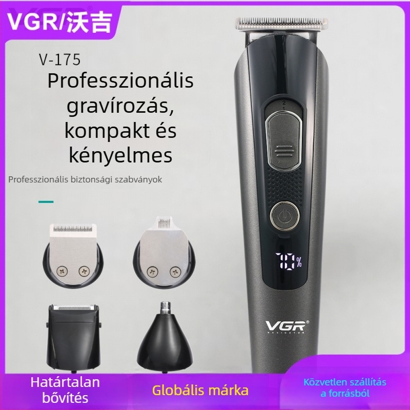 VGR175 USB Többfunkciós Hajvágó és Borotválkozó Készlet LCD kijelzővel, USB töltéssel, kefés motorral, rozsdamentes acél pengékkel, fül- és orrtisztító