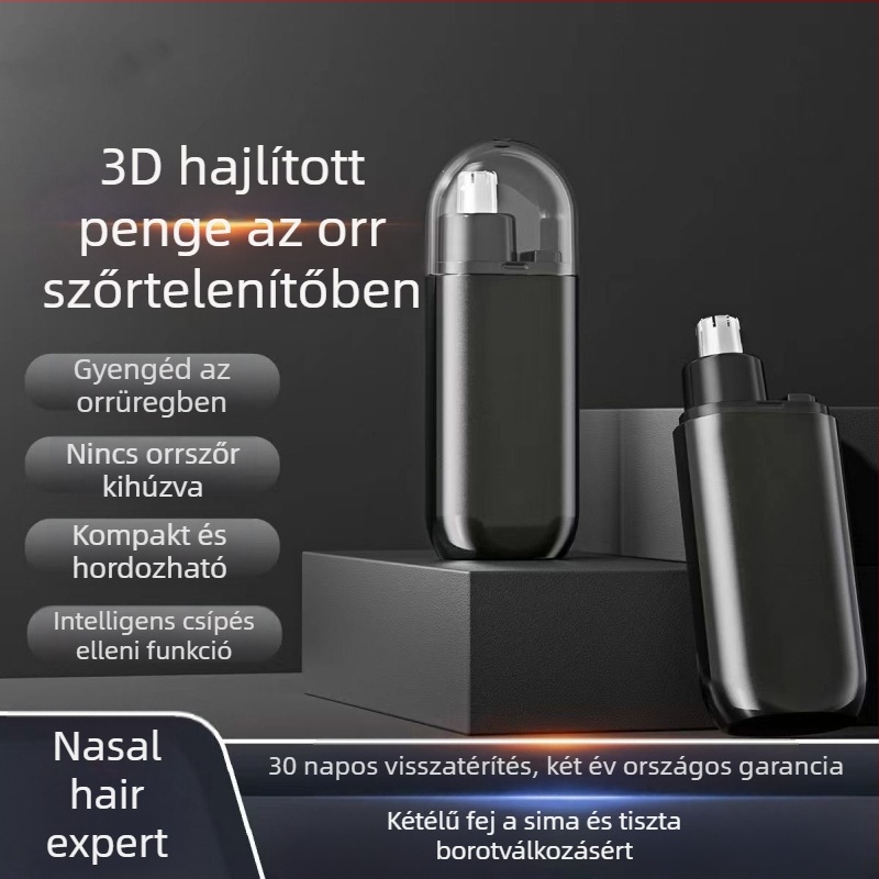 Tölthető orr-szőr trimmelő, leválasztható mosható fejjel – vízálló, beépített 300–500 mAh akkumulátor, 30+ napos üzemidő