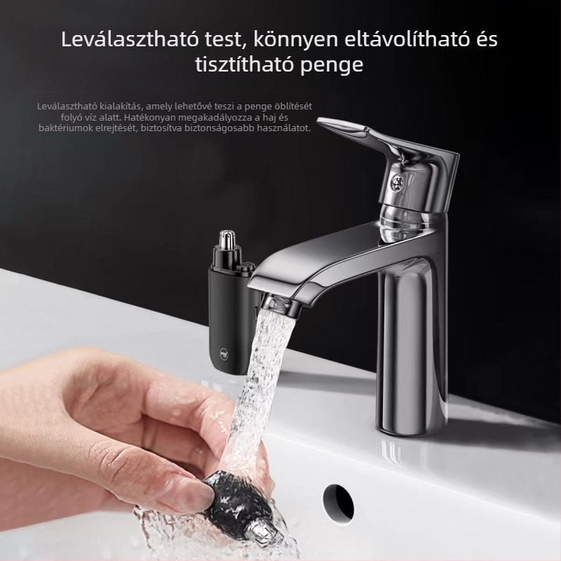 Tölthető orr-szőr trimmelő, leválasztható mosható fejjel – vízálló, beépített 300–500 mAh akkumulátor, 30+ napos üzemidő