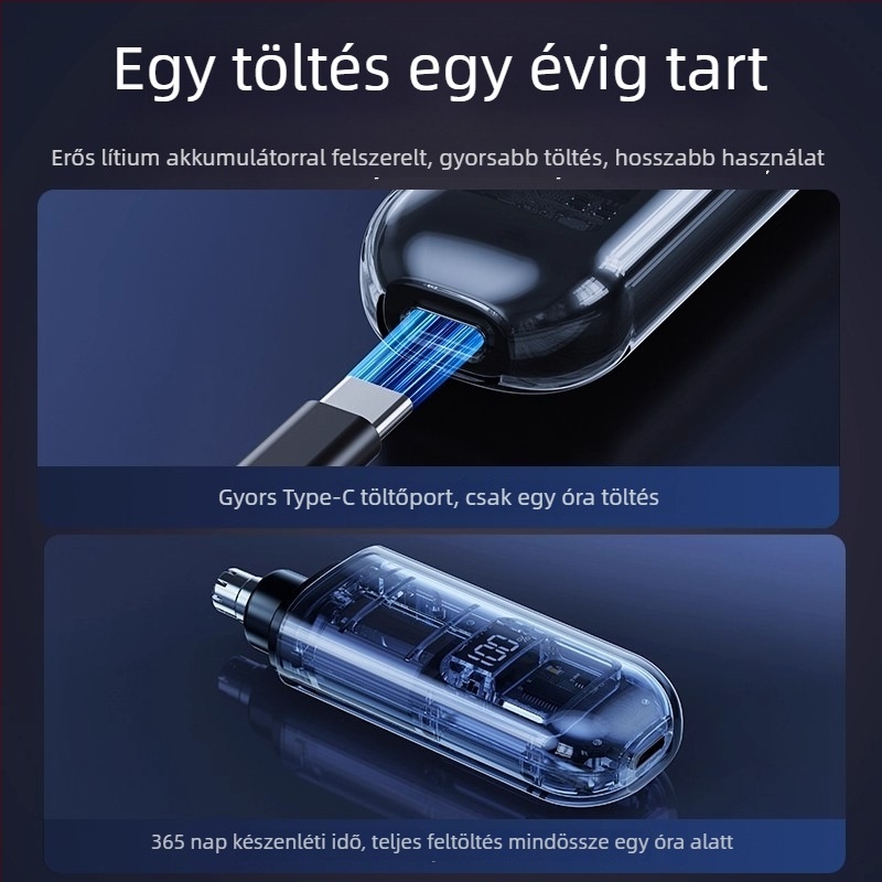 Elektromos orrszőrnyíró, újratölthető, kivehető, mosható pengefej, vízálló, beépített akkumulátor 100–300 mAh, üzemidő 50+ nap