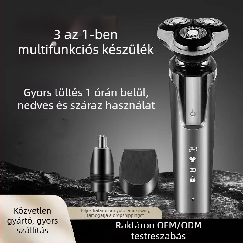 Elektronikus borotva lebegő háromfejű forgó fejjel, beépített 500-800 mAh akkumulátorral, teljes test mosatható, LED-kijelzővel