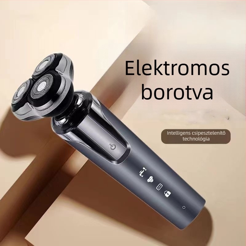 Elektronikus borotva lebegő háromfejű forgó fejjel, beépített 500-800 mAh akkumulátorral, teljes test mosatható, LED-kijelzővel