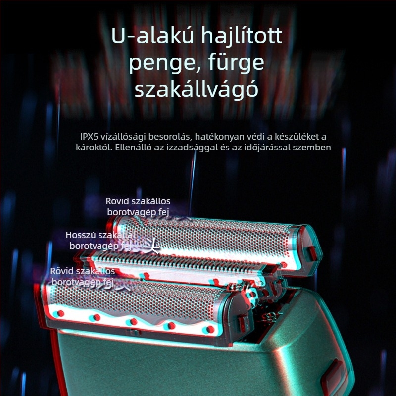 Elektromos borotva visszafelé mozgó hárompengés fejjel, beépített 500–800 mAh akkumulátorral, 60 perc üzemidő, mosható, hordozható